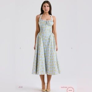 House of cb ADABELLA Blue Floral Print Cotton Halter Sundress XS bigger cup